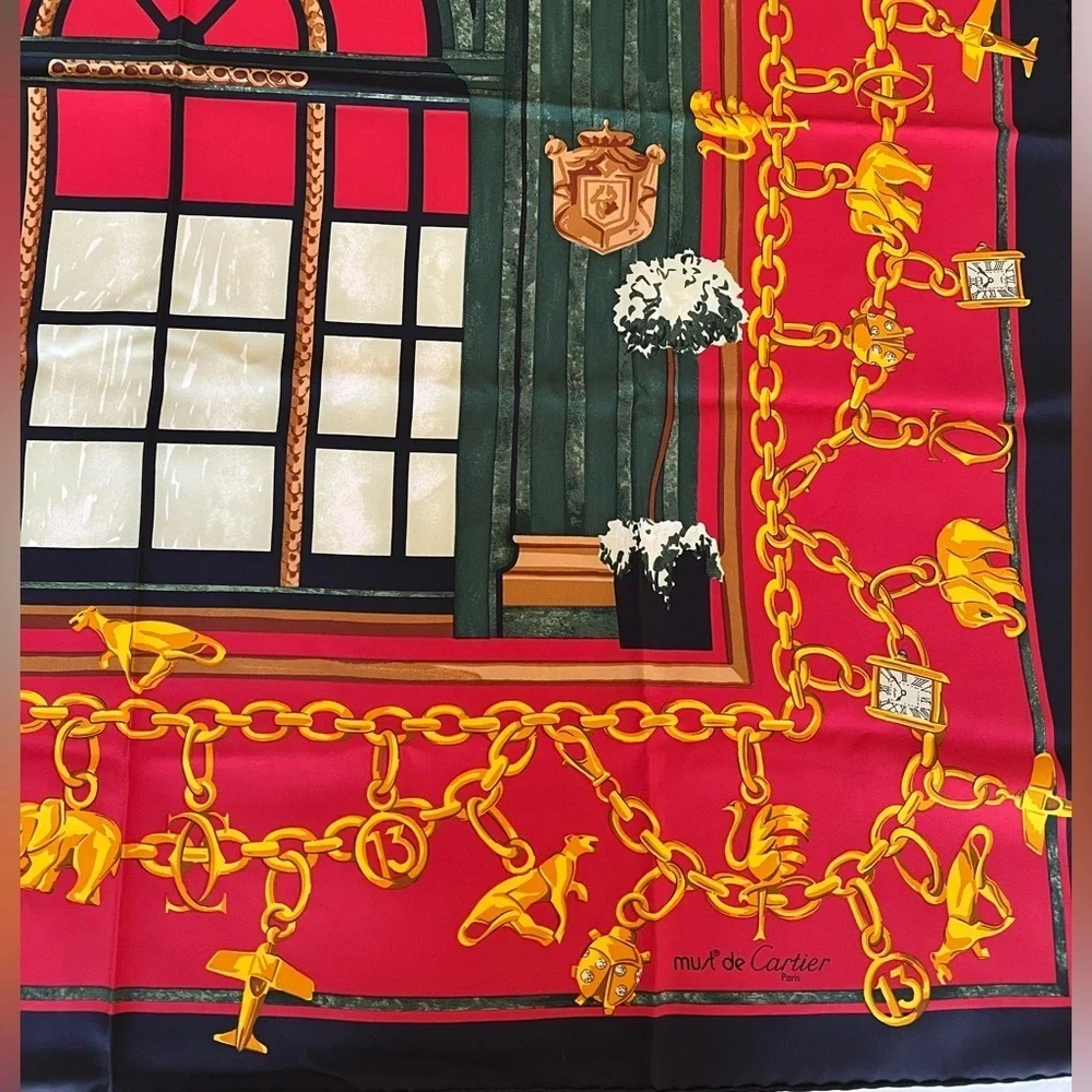 Rare Cartier Boutique Facade Paris Silk Scarf Collectible Vintage 1970-1980